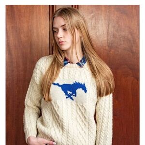 Chic Cream Sweater with Blue Horse Design